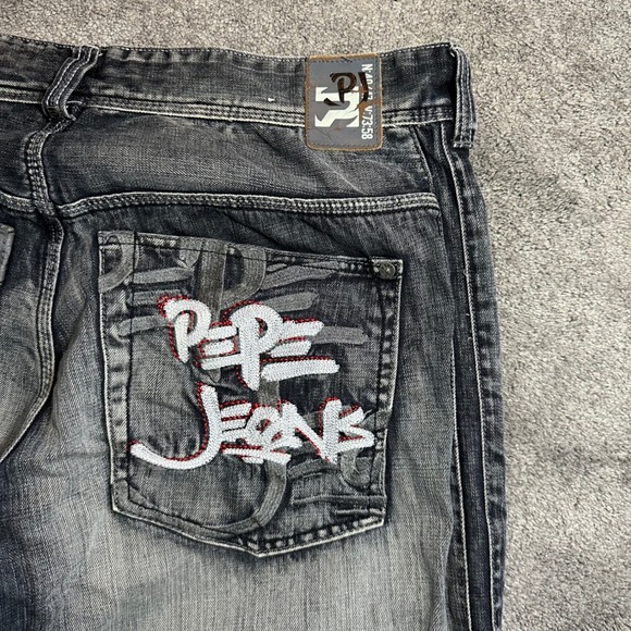 Y2K Pepe Jeans Jeans Mens 34 (fit 38x33) Faded Black Embroidery Baggy Wide Leg - Picture 4 of 16